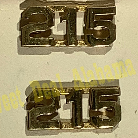 Early/Mid 1900s Brass C-Clasp "215" Collar Devices 3/8"H Hat / Lapel Pins Set