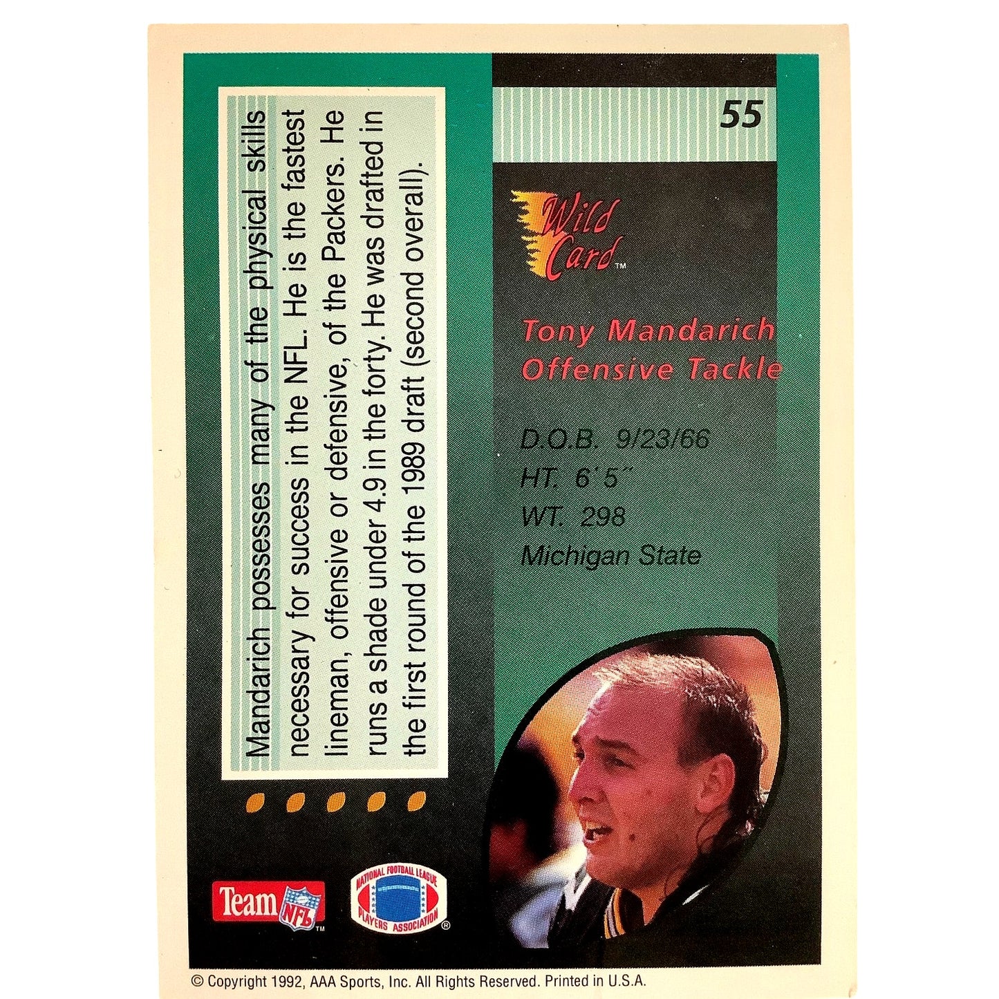 Tony Mandarich, Green Bay Packers, 1992 AAA Sports Wild Card 55, EXC
