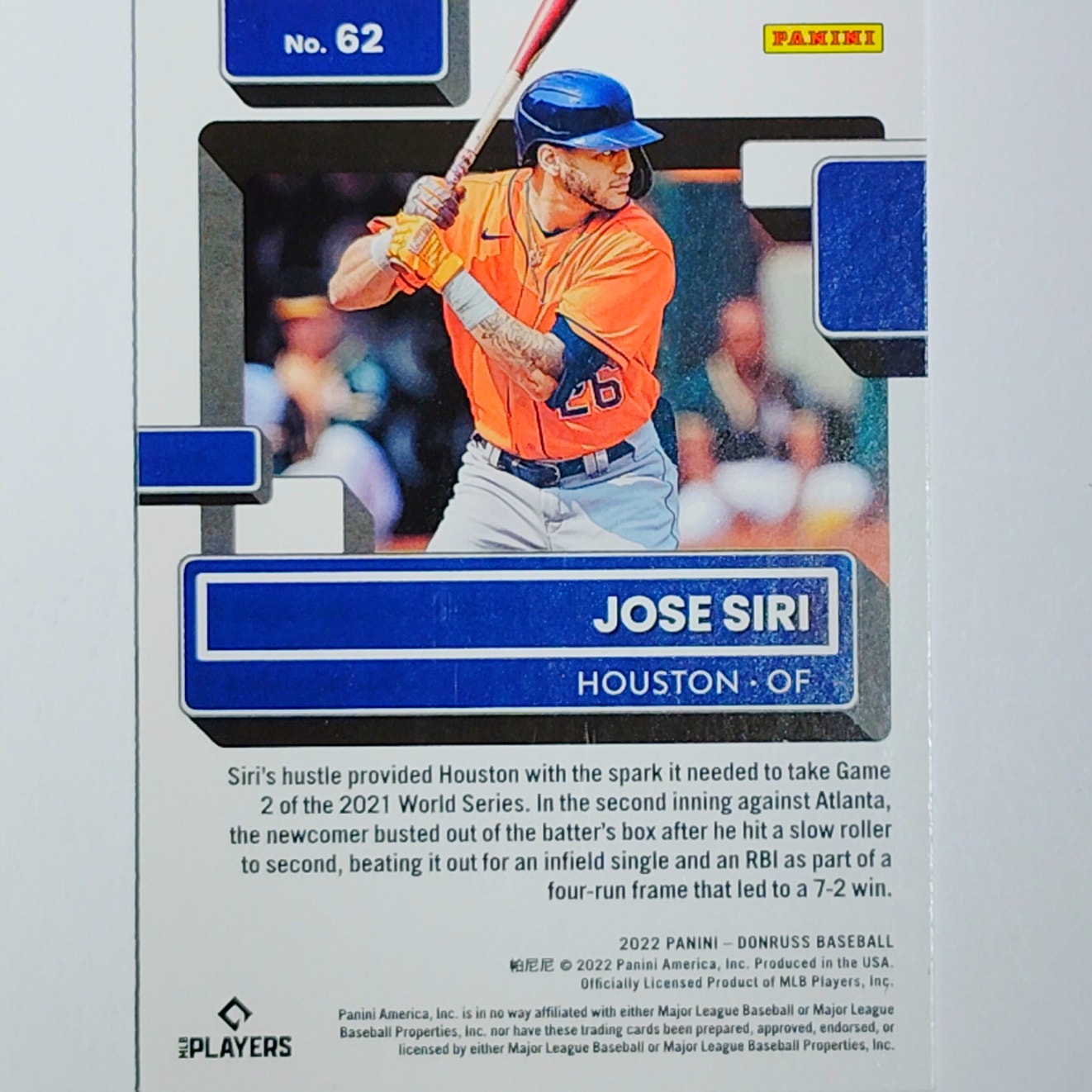 2022 Donruss #62 Jose Siri Rated Rookie Card Houston Astros Outfielder - VG/EX