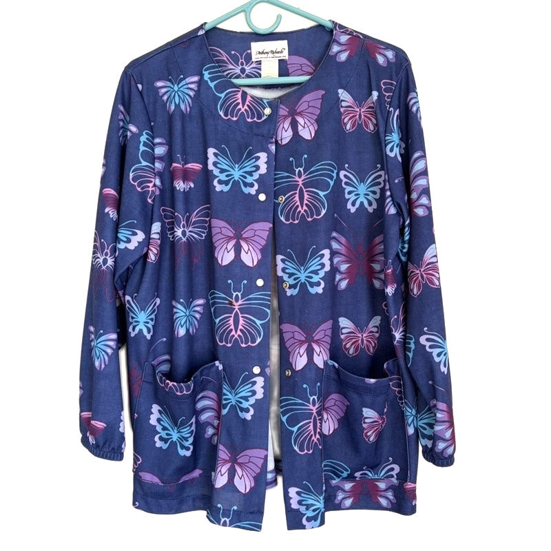 Anthony Richards Vintage Blue Butterfly Print Housecoat Button-Up Size L