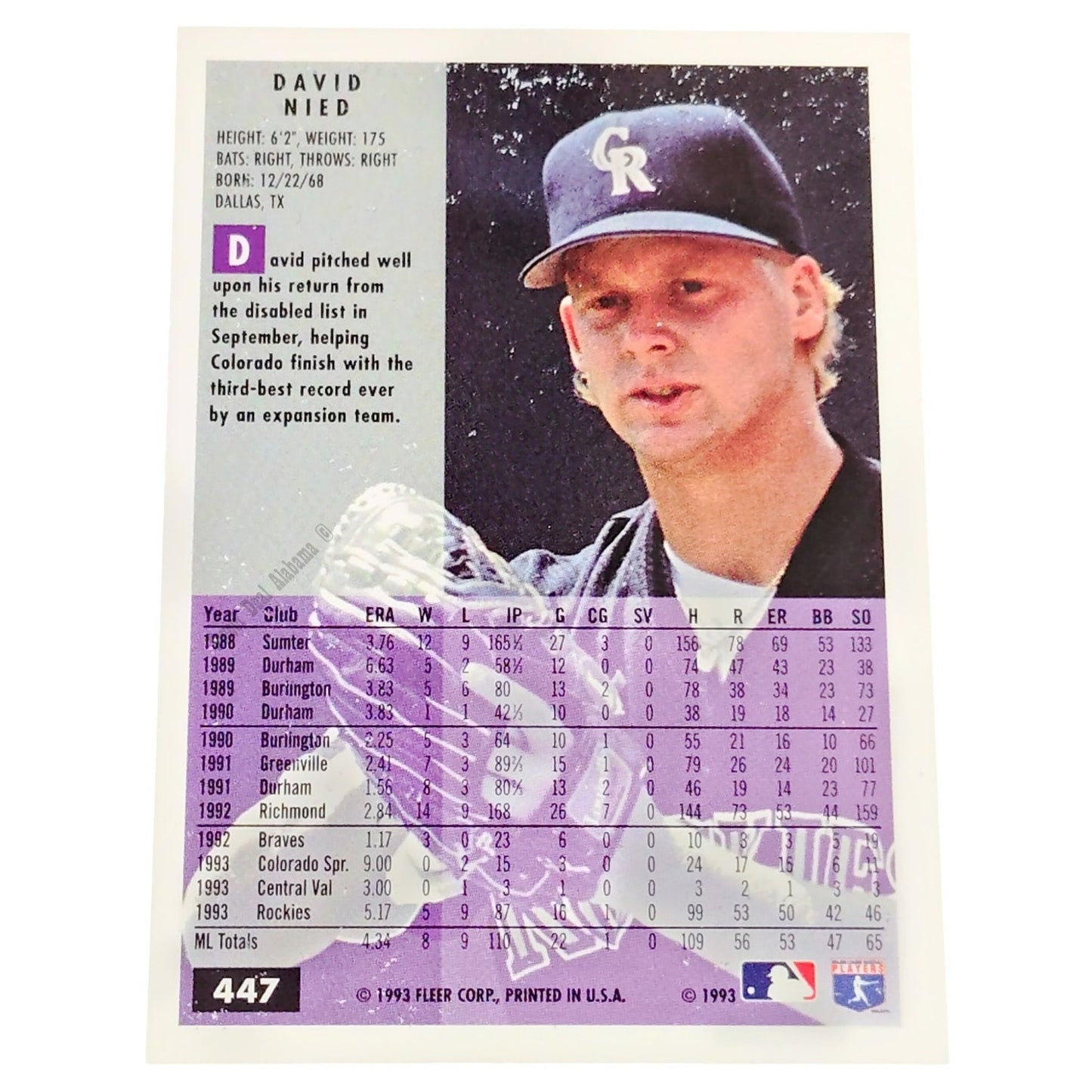 David Nied, Colorado Rockies, #447, 1994 Fleer Baseball Collector's Card