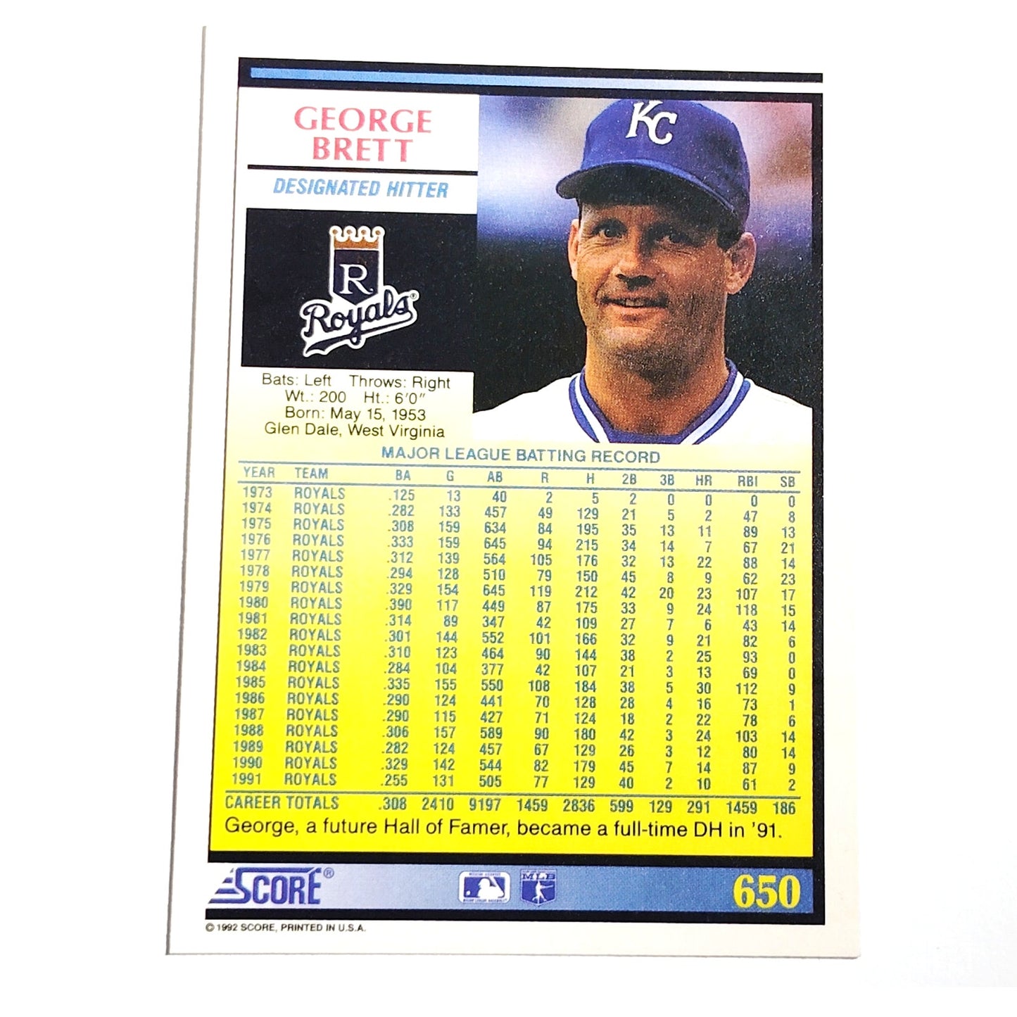 1992 Score George Brett #650 Kansas City Royals Designated Hitter MLB NM