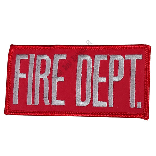 NOS, Fire Dept., White Text on Red, Iron or Sew-On Embroidered Patch, 4"W x 2"H