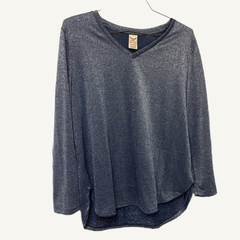 Faded Glory Women's 1X 16W Shimmer V-Neck Long Sleeve Top Baltic Sea
