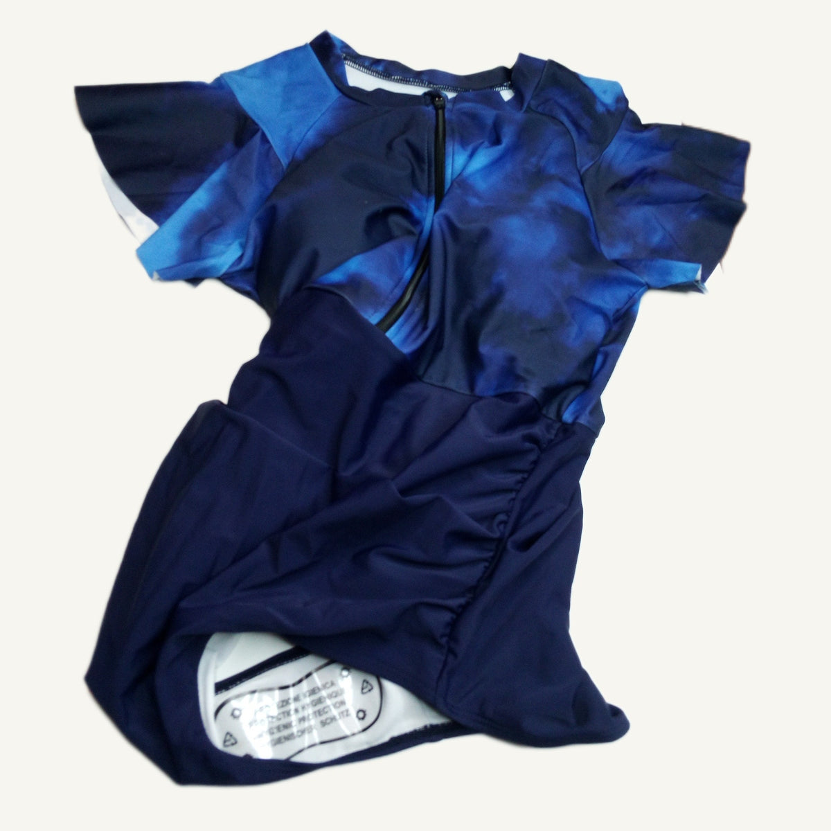 Blue Tie Dye One Piece Swimsuit Short Sleeve Zip Front - Women's L