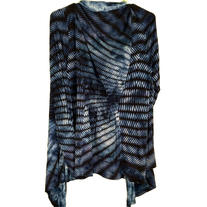 Soft Surroundings Blue Gray Open Front Cardigan Size L Tie-Dye Knit Duster
