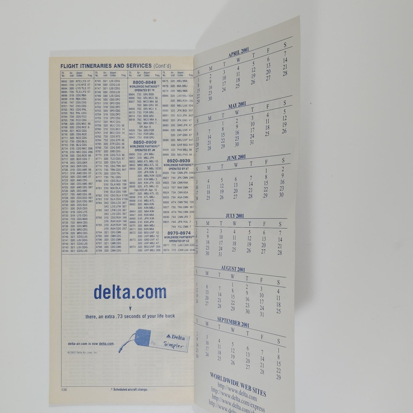 Delta Air Lines System Timetable, April 1, 2001, 136 Pgs., Buenos Aires Cover