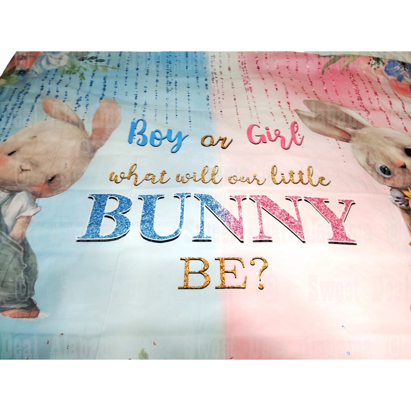 Bunny Gender Reveal Backdrop "Boy Or Girl What Will Our Little Bunny Be?" 6'H x 9'L