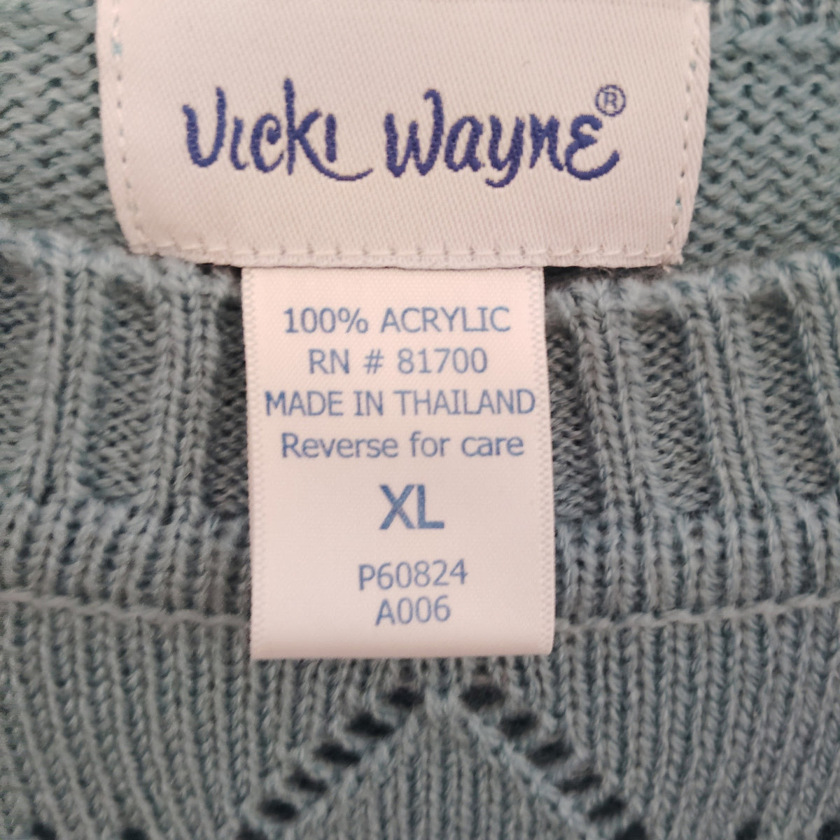 Vicki Wayne Sage Blue Pointelle Short Sleeve Sweater Women’s XL Estate Acrylic