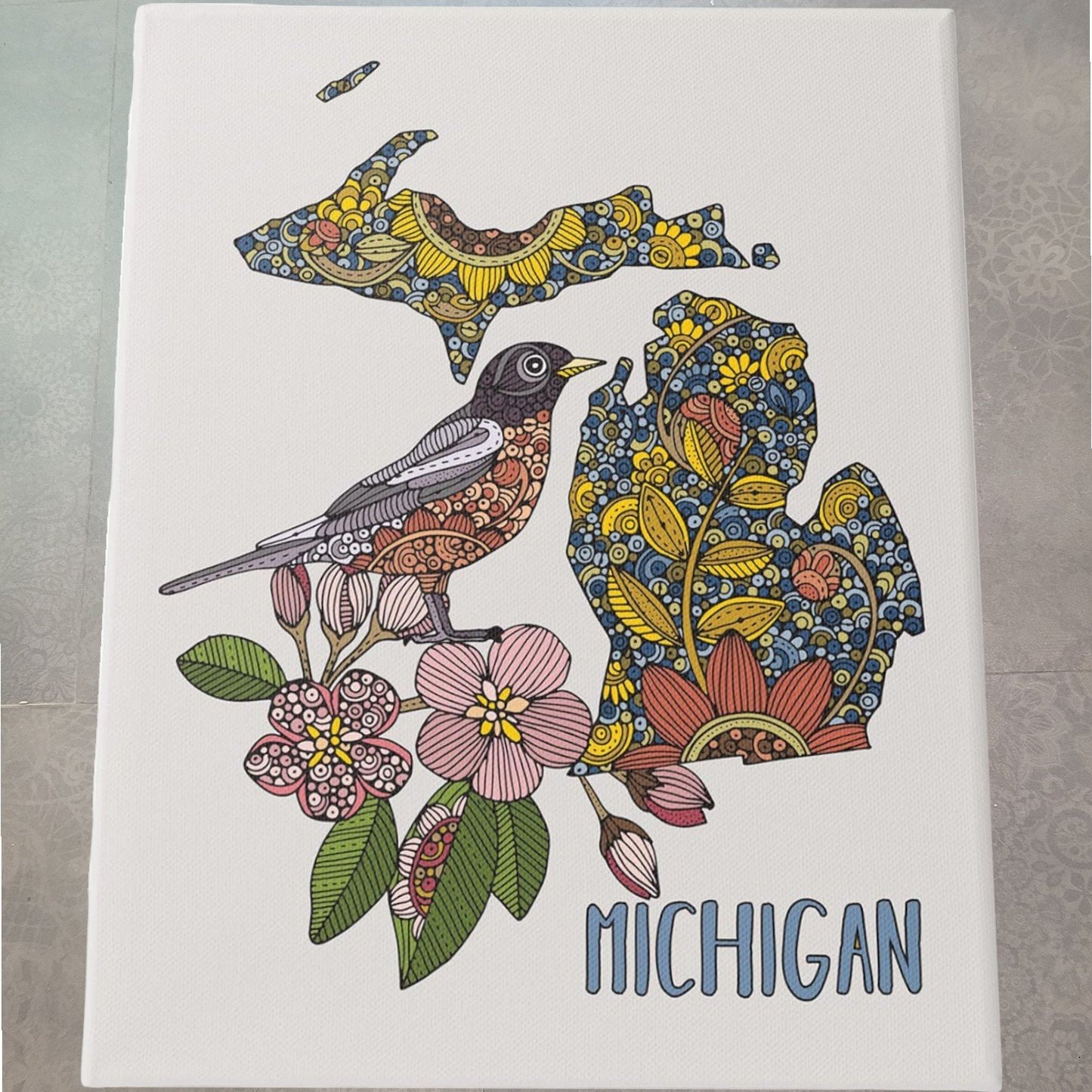 16x20 Michigan Stretched Canvas on Wood Wall Art, Robin & Florals by V. Harper