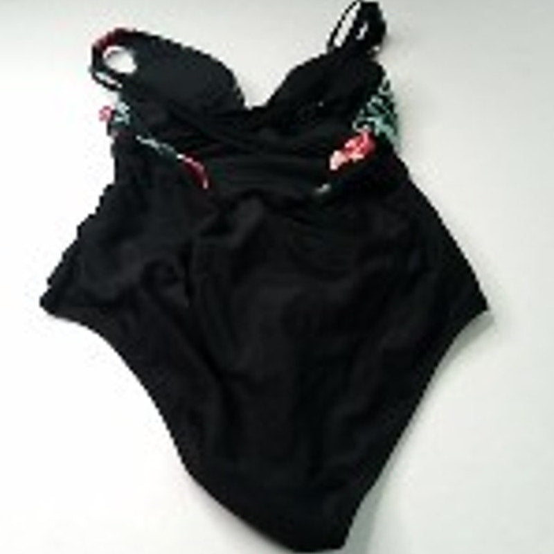 Cupshe Black Floral One Piece Swimsuit Medium Tropical Print Swimwear NWOT