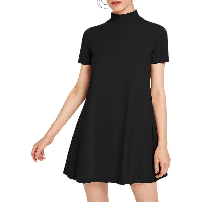 Mock Neck T-Shirt Dress Casual Short Sleeve Loose A-Line Swing Mini Dress, XL