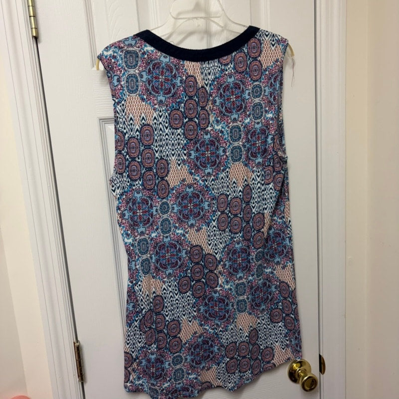 RXB Multicolor Tank Top Blouse XL - Sleeveless Navy Trim Geometric Floral Print