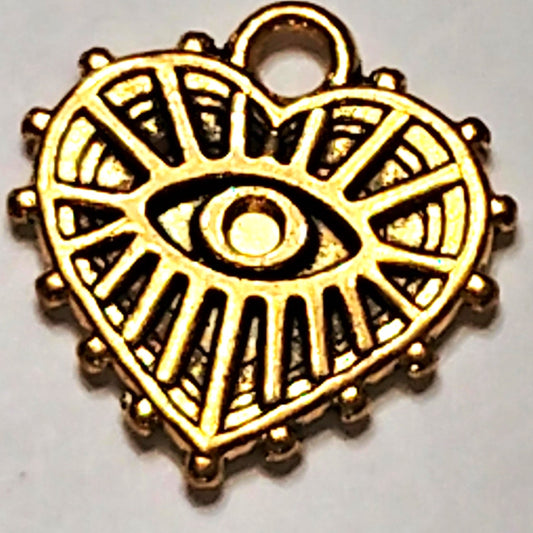 Antique Gold Heart Charm Radiant Evil Eye Design 5/8" Pendant Protection Symbol