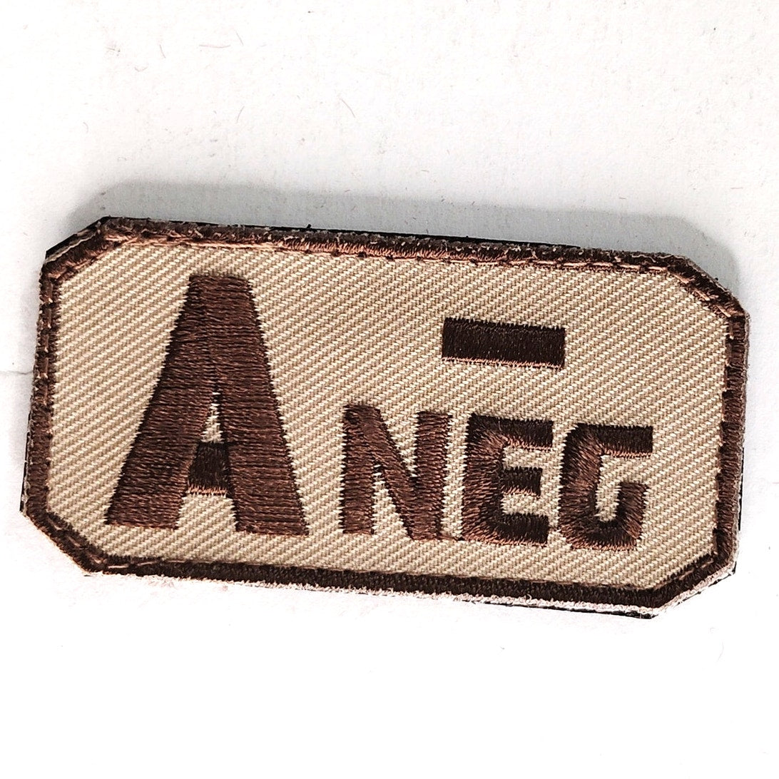A- NEG Blood Type Patch Novelty Embroidered Brown on Tan 2‑1/2 × 1‑1/4 Hook Back