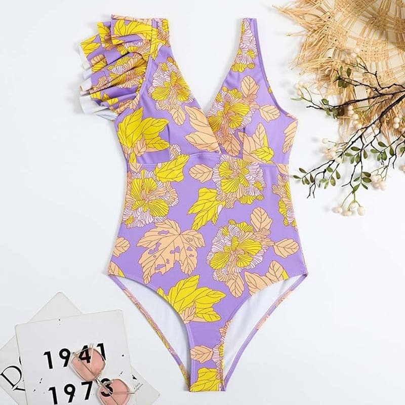 IDOPIP Women's One Piece Swimsuit, Retro Vtg Floral Print Bikini, XL, Monokini