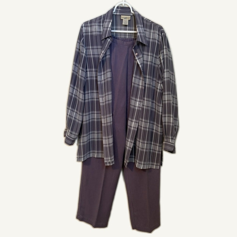 Travel Smith Women's L Purple Plaid Button-Up Top & Tencel Lyocell Pants Set