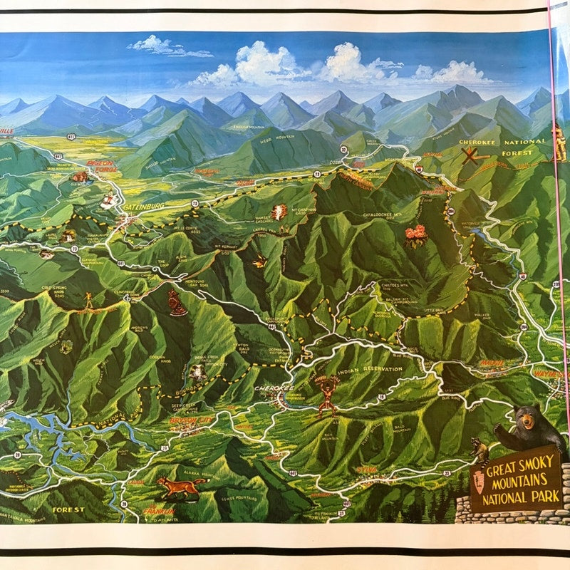 Vintage Great Smoky Mountains Map Poster - Illustrated Park 34" x 22" Wall Art