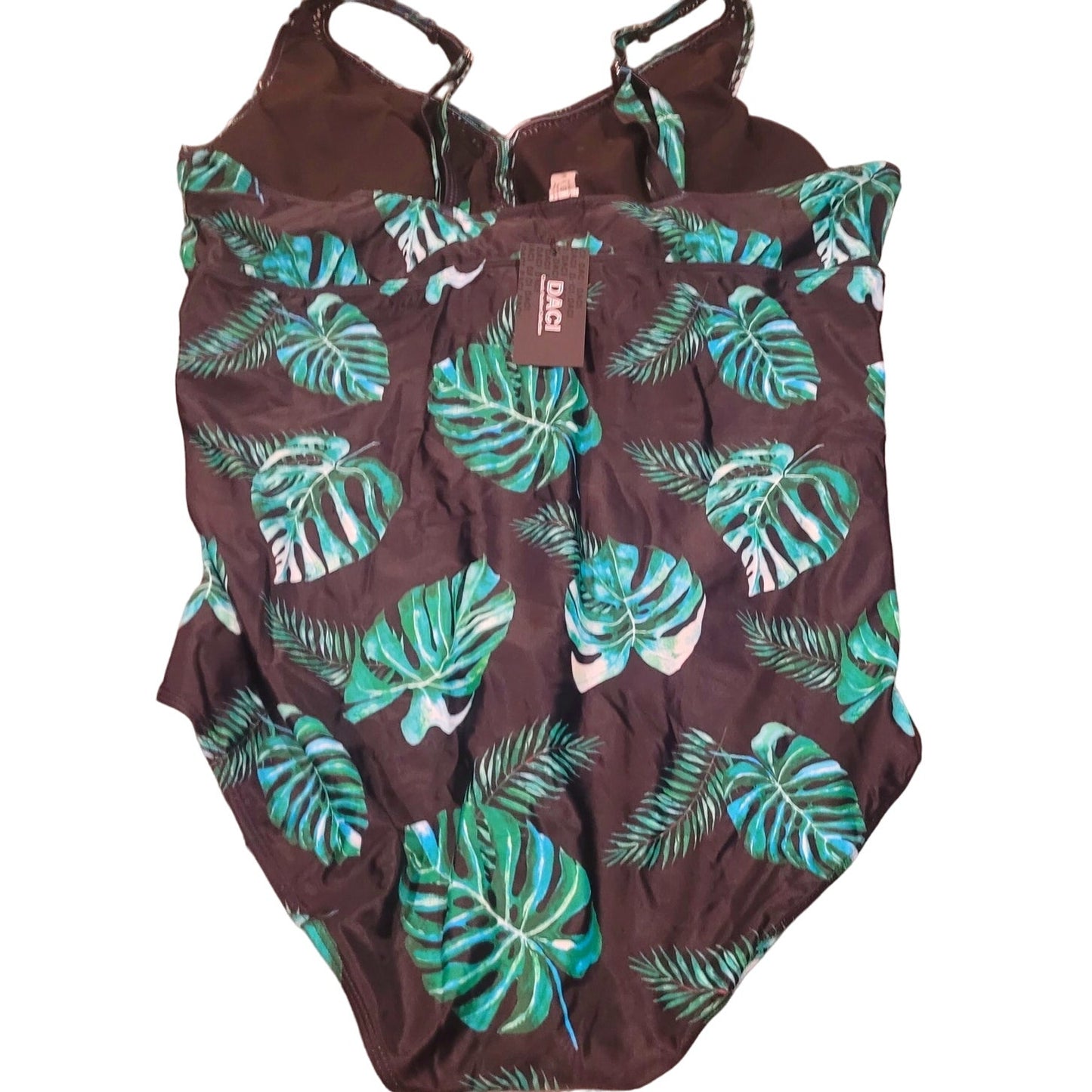 Daci 26W One Piece Ruffled V Neck Tummy Control Bathing Suits Black and Leaf