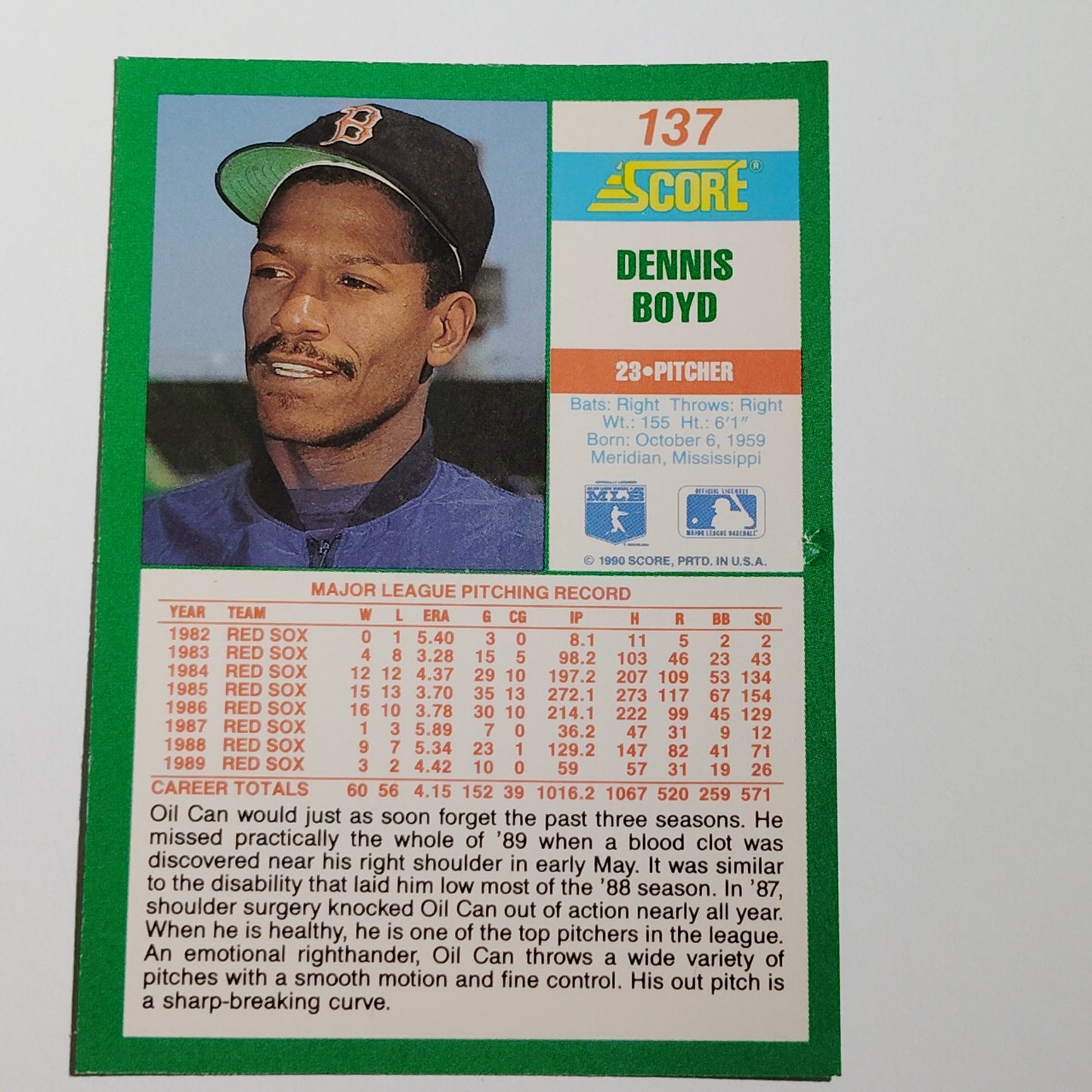 1990 Score Dennis "Oil Can" Boyd Card No. 137 Boston Red Sox P VG/EX