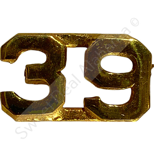 WWI Era Numeric "39", Brass Military C-Clasp Hat / Lapel / Collar Pin 3/8"H