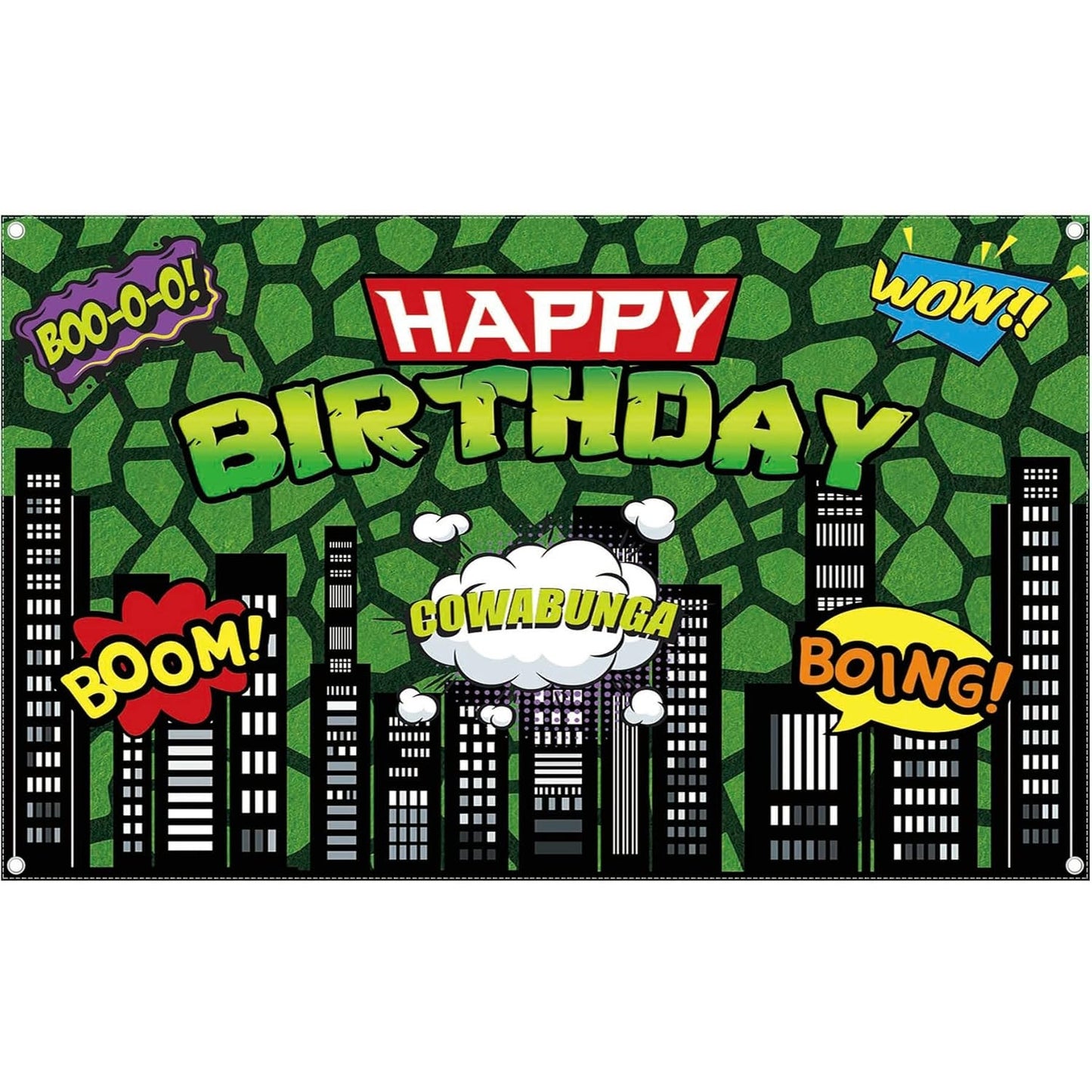 Turtle Superhero Birthday Backdrop 72x45 Green Comics Cityscape Party Banner