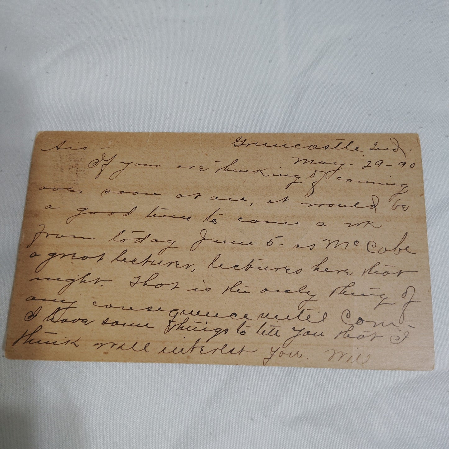 1890 U.S. Postal Card, 1¢ Thomas Jefferson, Used, Greencastle, Ind to Paris, Ill