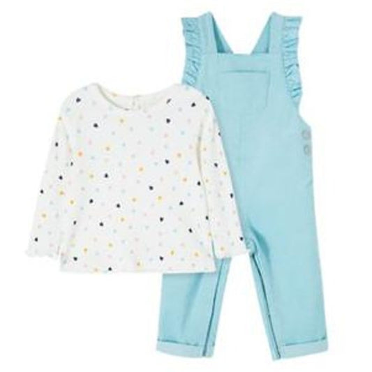 Little Me Baby Girls 2‑Piece Heart Print Top and Overalls Set Blue 24M