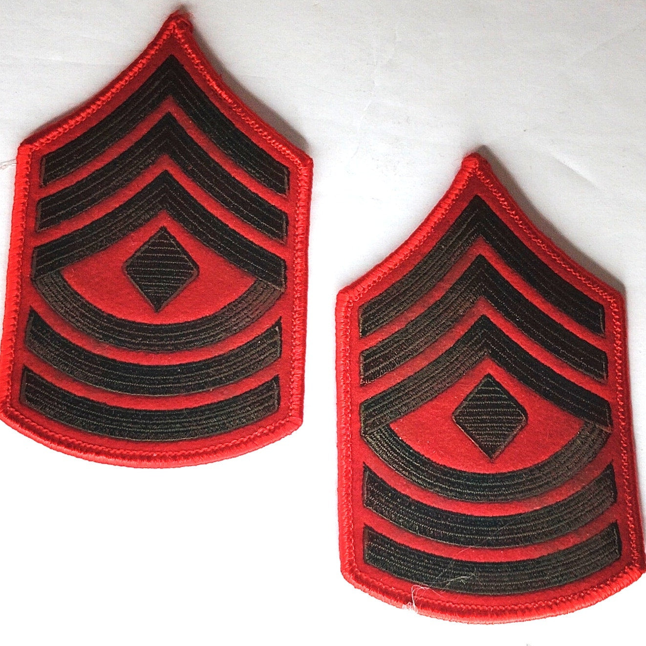 USMC First Sergeant E‑8 Chevrons Green on Red Female Size Sew‑On 4‑1/2" × 2‑7/8"