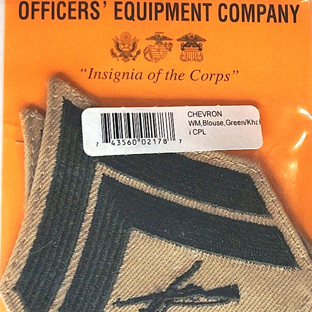 USMC Corporal E‑4 Chevrons Women’s Green/Khaki 3‑1/2" × 2‑3/4" Pair