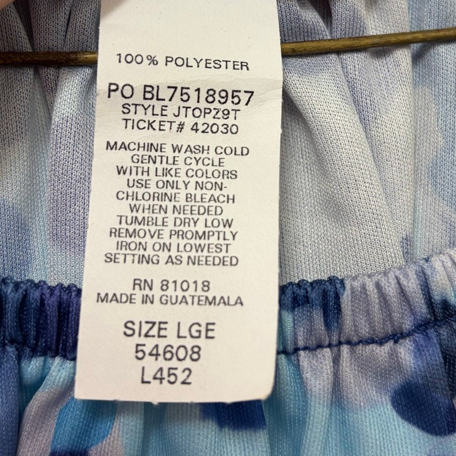 Blair Blue Floral Neck Blouse, Large, 100% Polyester, Elastic Collar Trim