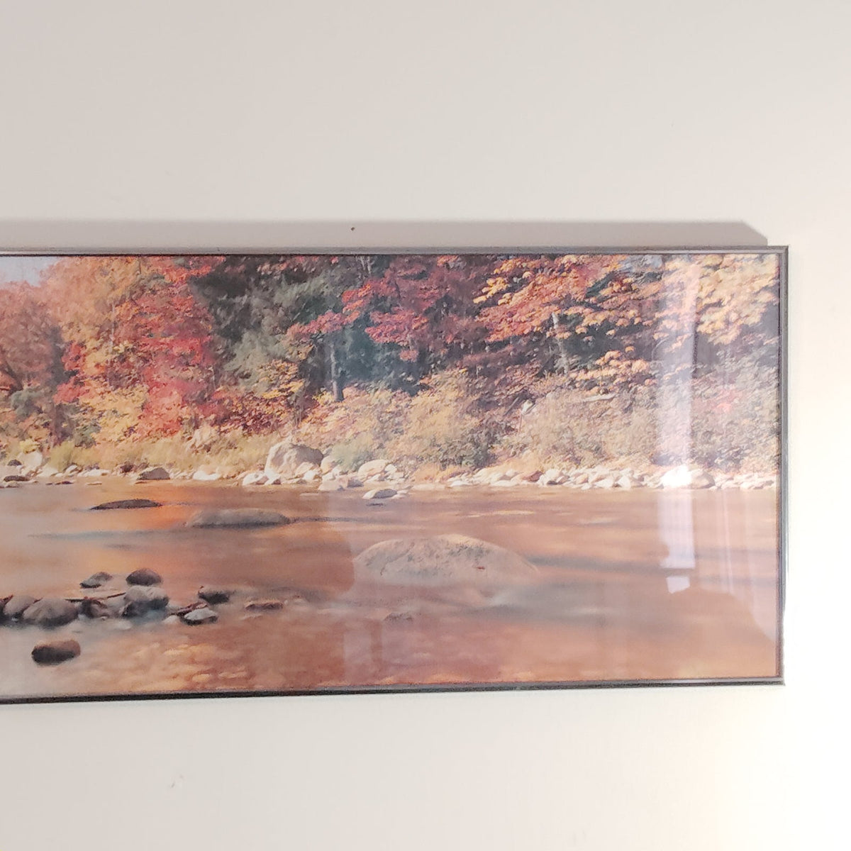 Vintage 1970s Panoramic Autumn River Framed Print 38x13.5 Gold Metal Frame