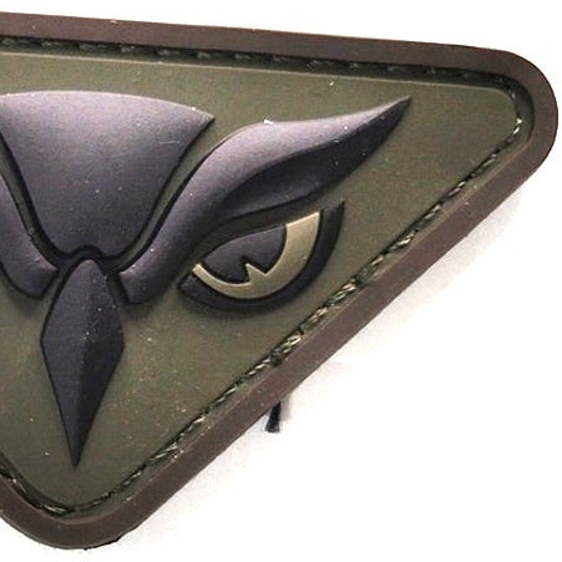 MSM Owl Head PVC Morale Patch Novelty Black on Green 3" × 1‑3/4" Hook Back