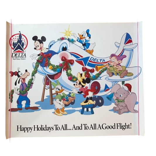 VTG 1970/80's Disney Delta Airlines Holiday Poster Mickey Mouse Dumbo 25"x17.5"