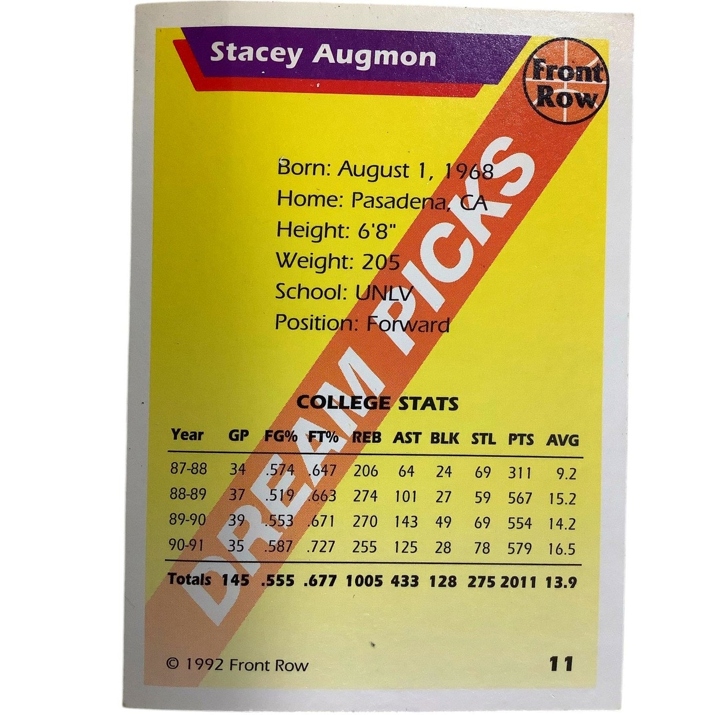 Stacey Augmon, UNLV Rebels, 1992 Front Row Dream Picks Basketball Card 11, EXC