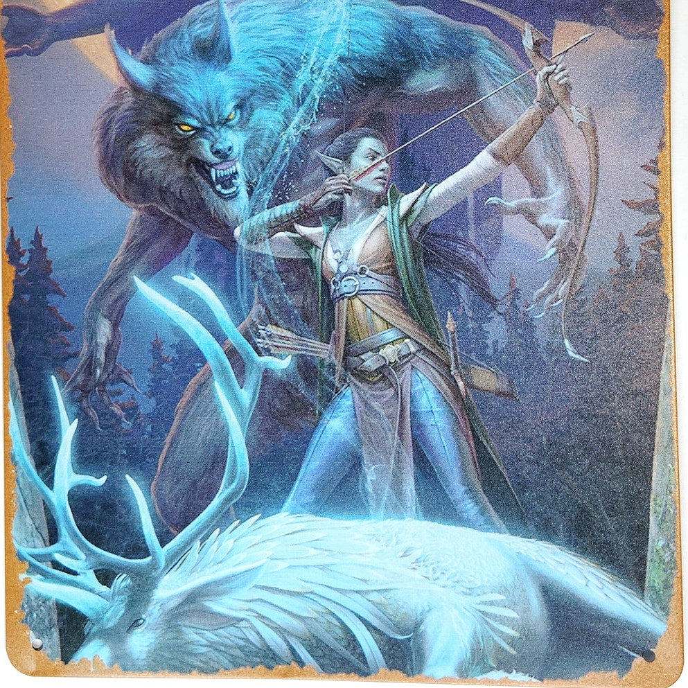 Fantasy Ranger Tin Sign 12×8 Moonlit Wolf Spirit Metal Wall Art Decor
