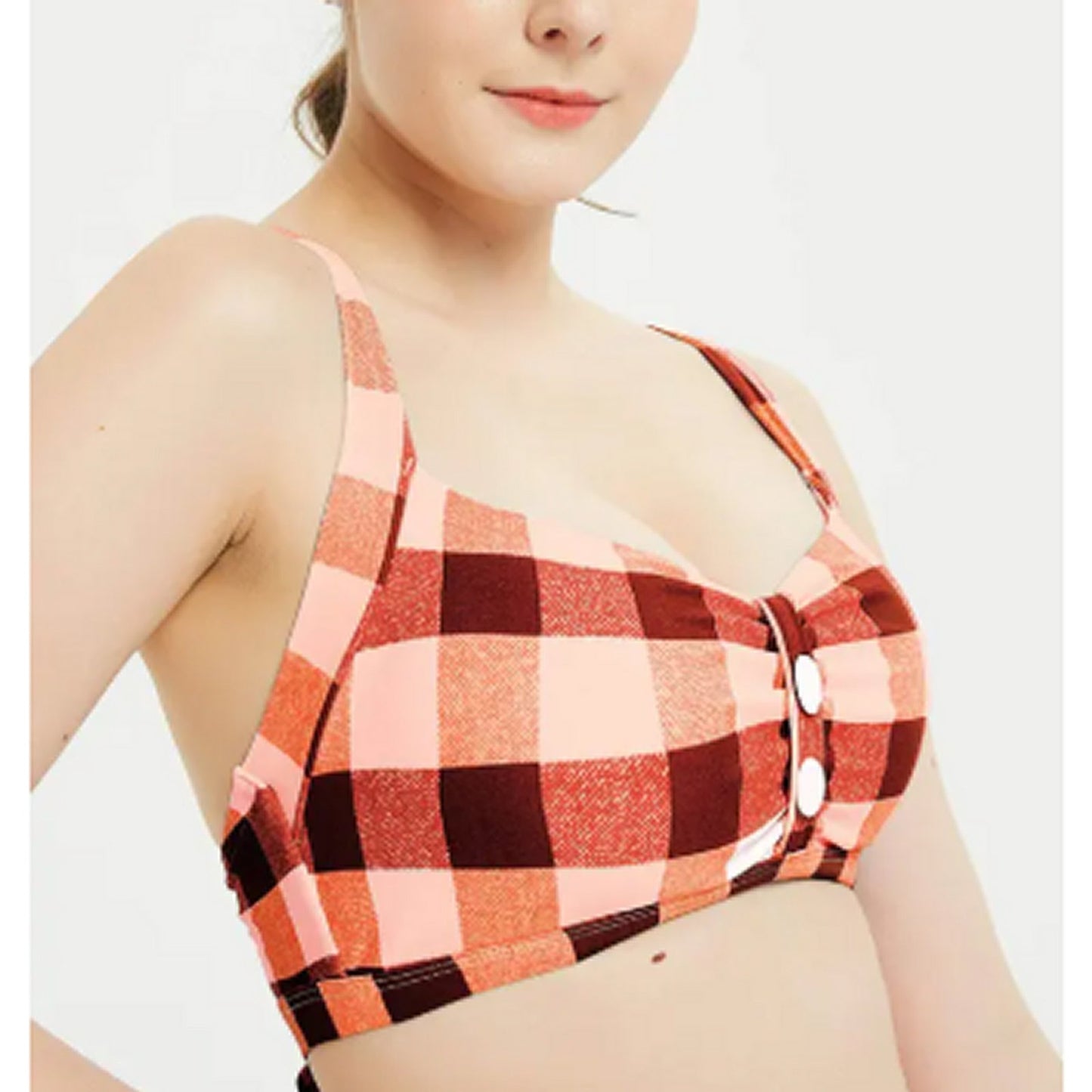 Futurino Vintage 50s Plaid Halter Bikini Top Retro Swim Ruffle Buttons Small