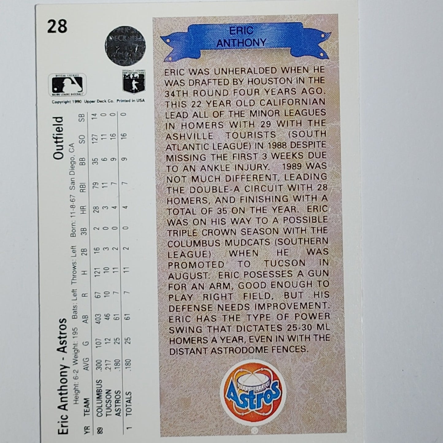1990 Upper Deck Eric Anthony #28 Houston Astros Star Rookie RC - VG/EX