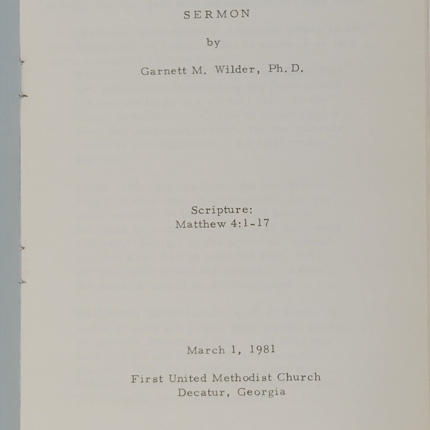 Sermon Program, G. M. Wilder, First United Methodist Church, Decatur GA – 3/1/81