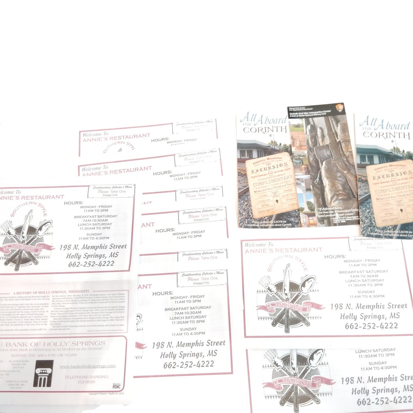 Holly Springs, MS & Corinth 2011 Travel Ephemera Lot - Annie's Restaurant Flyers