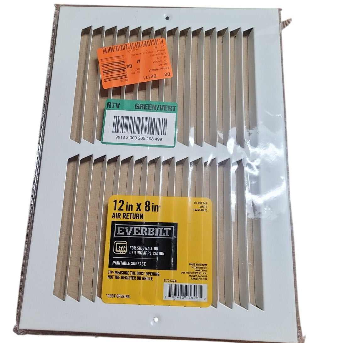 Everbilt 12 in. X 8 in. Steel Return Air Grille in White, Powder Coat White