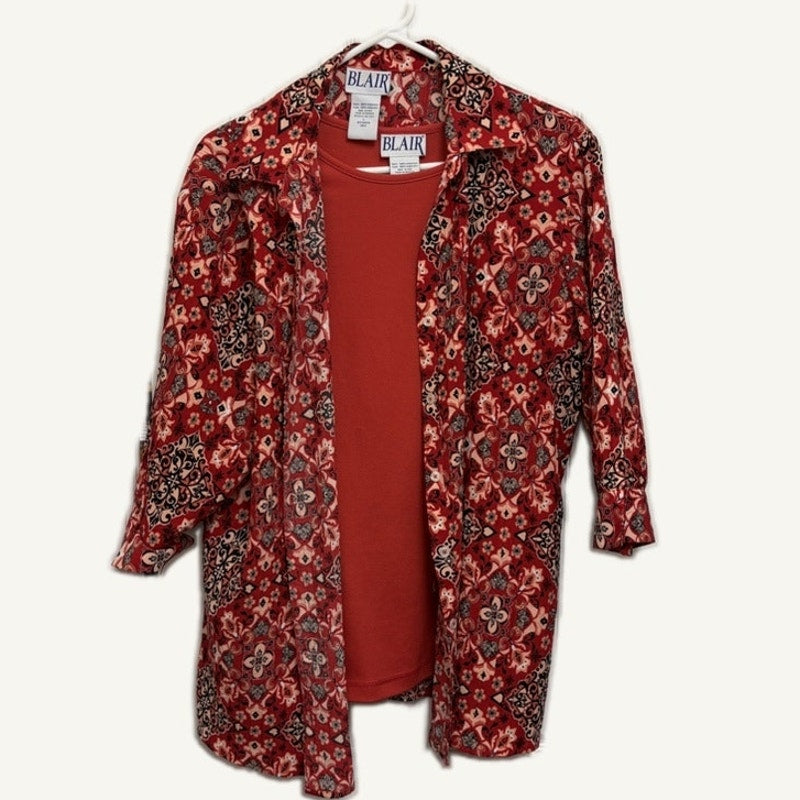 Blair Women's Red Patterned 2-Piece Tank Top & Button-Up Set L Polyester