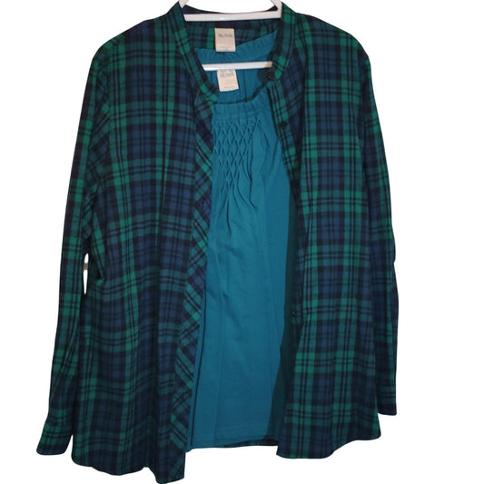 Blair Green Navy Plaid Overshirt Teal Smocked Top 2-PC Set Women’s Large EUC