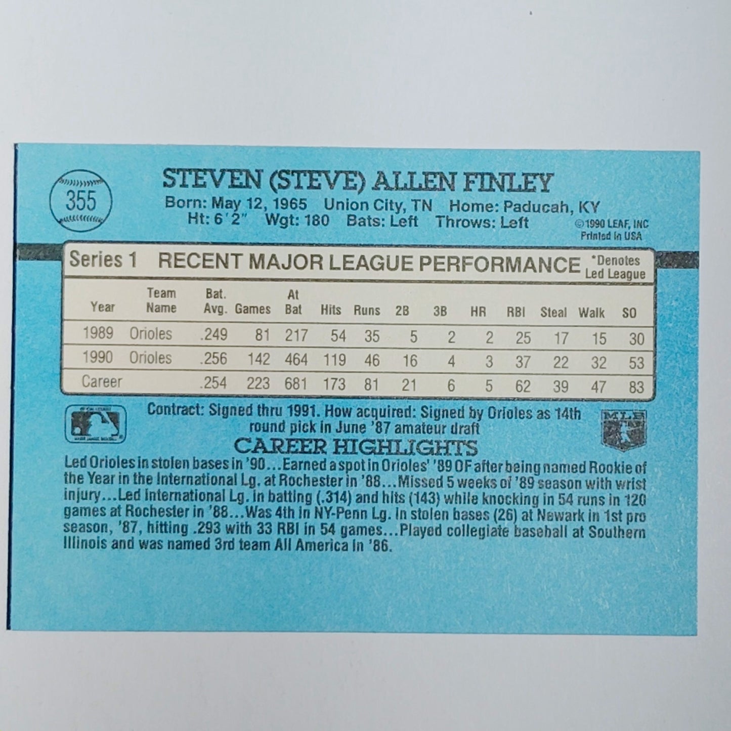 1991 Donruss #355 Steve Finley Baltimore Orioles Outfielder - VG/EX