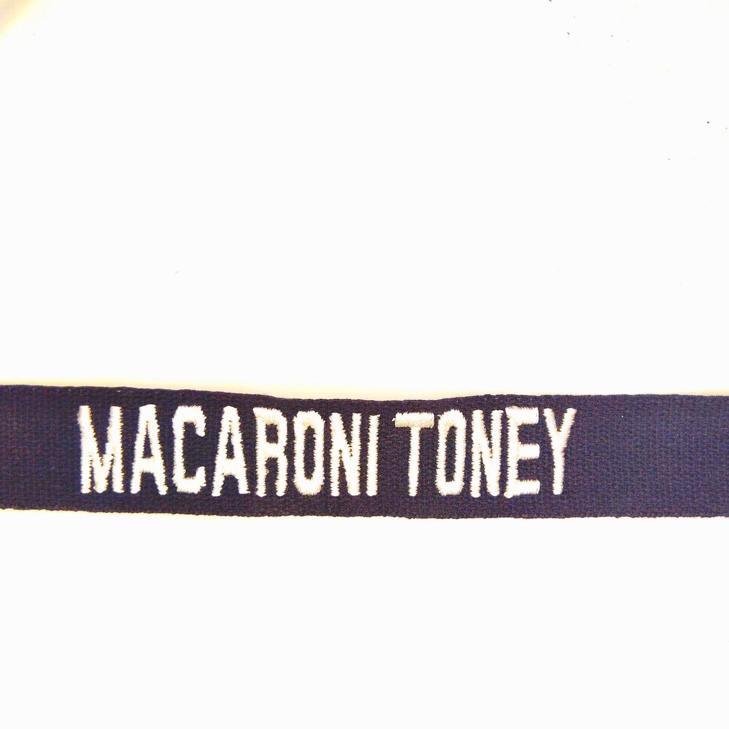 Navy Blue Name Tape “MACARONI TONEY” White Embroidery Sew‑On 8" × 1"