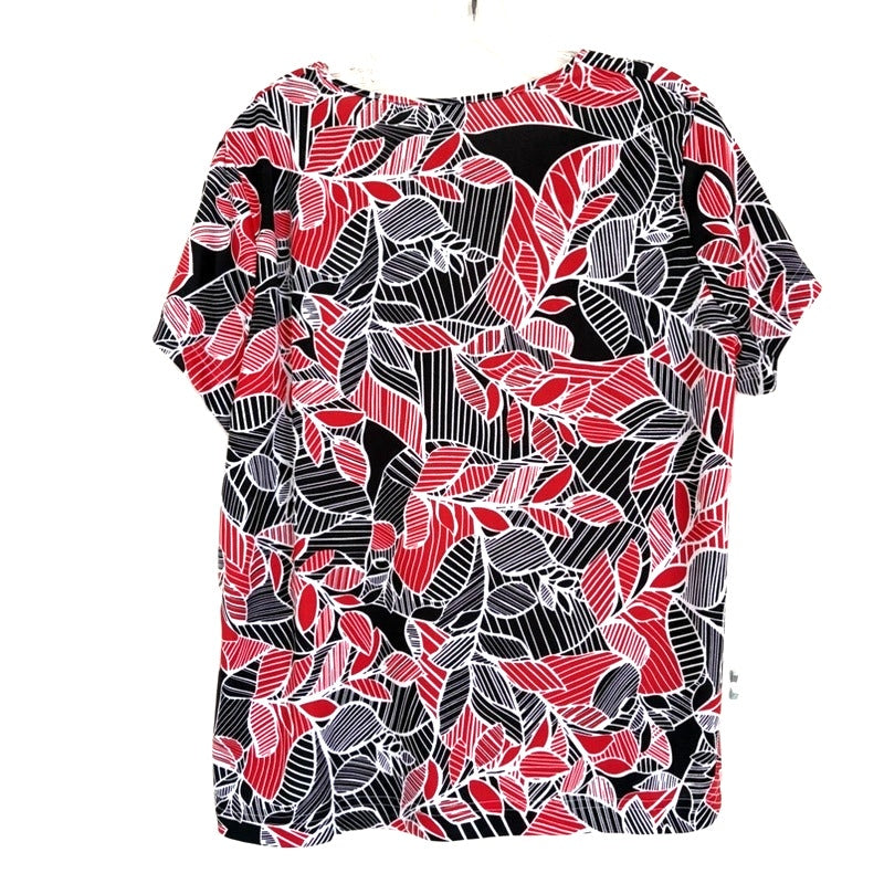 Blair Red Black White Leaf Print Short Sleeve Top Size L Women's Blouse