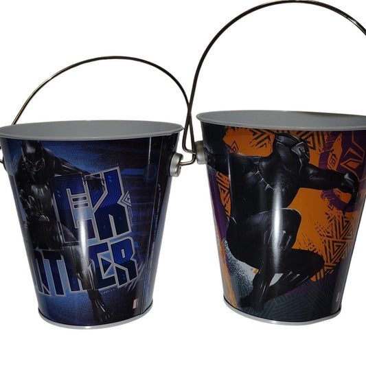 Lot of 2 Marvel Black Panther Metal Buckets by The Tin Box 4.5"H x 4.375"D Top x 2.75"D Bottom