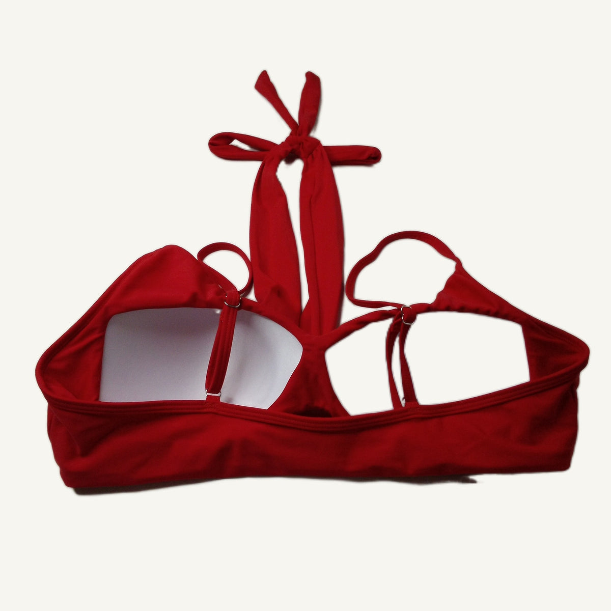 Women's Deep Red Halter Bikini Top Size XL Nylon Spandex Open Back Swimwear