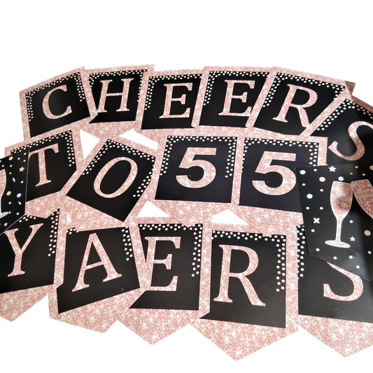 Cheers to 55 Years Cardboard Letter Banner 8" with Hanging Décor – NIP