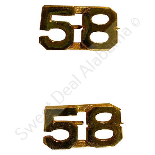 c.1910s Numeric "58", Brass Military C-Clasp Hat / Lapel / Collar Pins Set 3/8"H